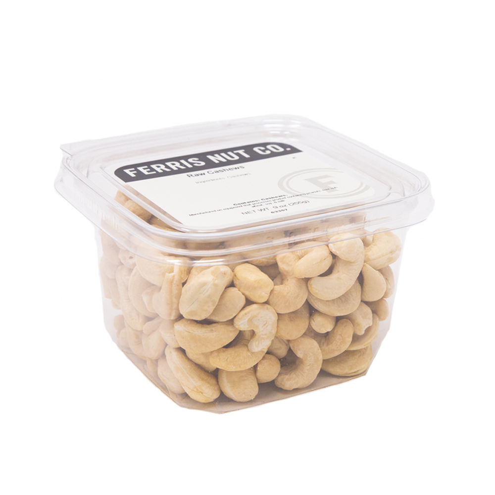Resealable 9 ounce deli cup of raw jumbo cashews