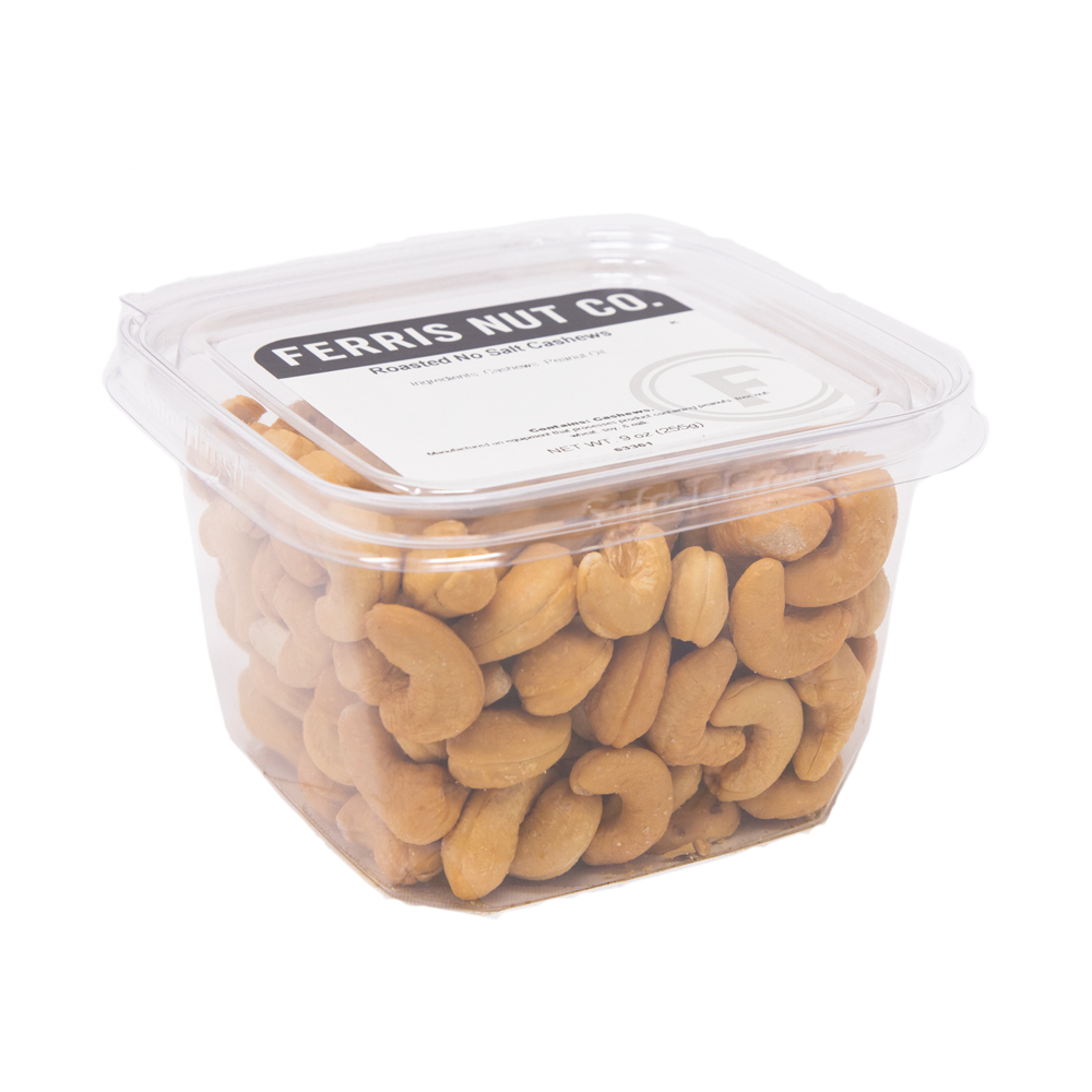 Resealable 9 ounce deli cup of roasted no salt cashews