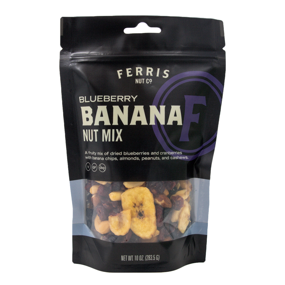 Resealable 10 ounce bag of Blueberry Banana Nut Mix