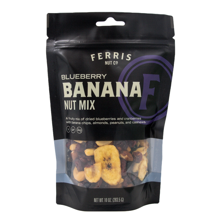 Resealable 10 ounce bag of Blueberry Banana Nut Mix