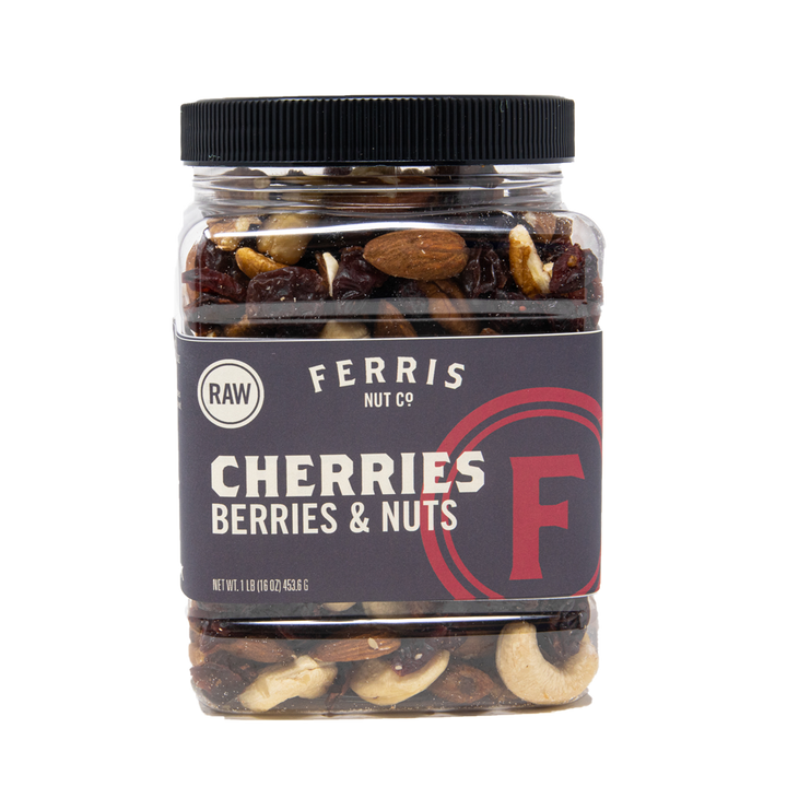 16 ounce resealable jar of Ferris Nut Co. raw cherries, berries and nuts mix