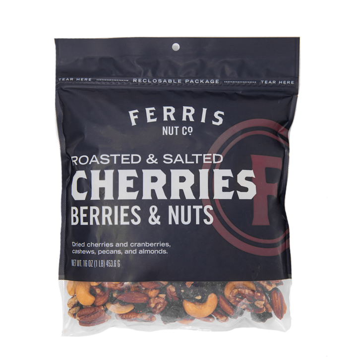 16 ounce resealable bag of roasted salted cherries, berries, and nuts mix from Ferris Nut Co.