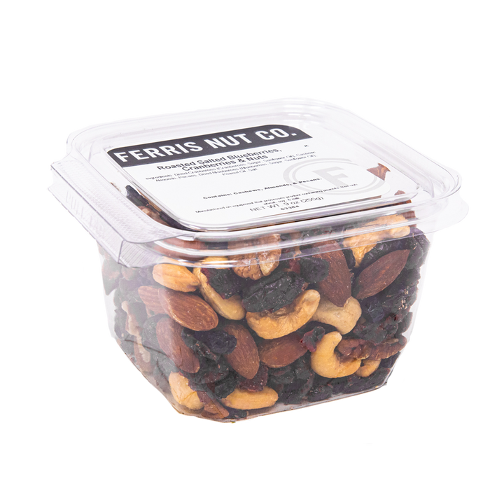 Plastic deli container of roasted salted Blueberries, Cranberries & Nuts