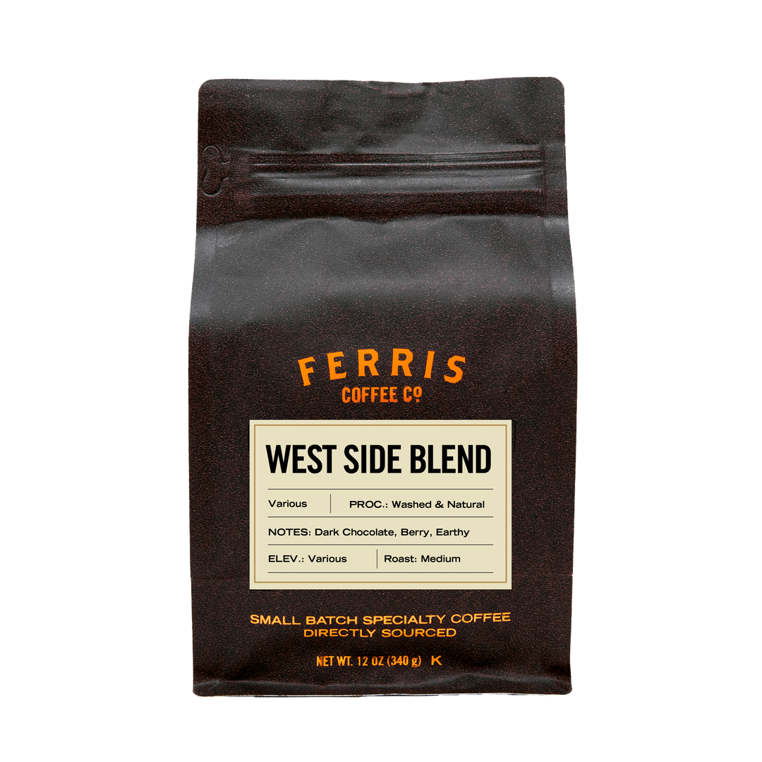 Bag of medium roast specialty coffee, West Side Blend. 