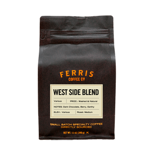 Bag of medium roast specialty coffee, West Side Blend. 