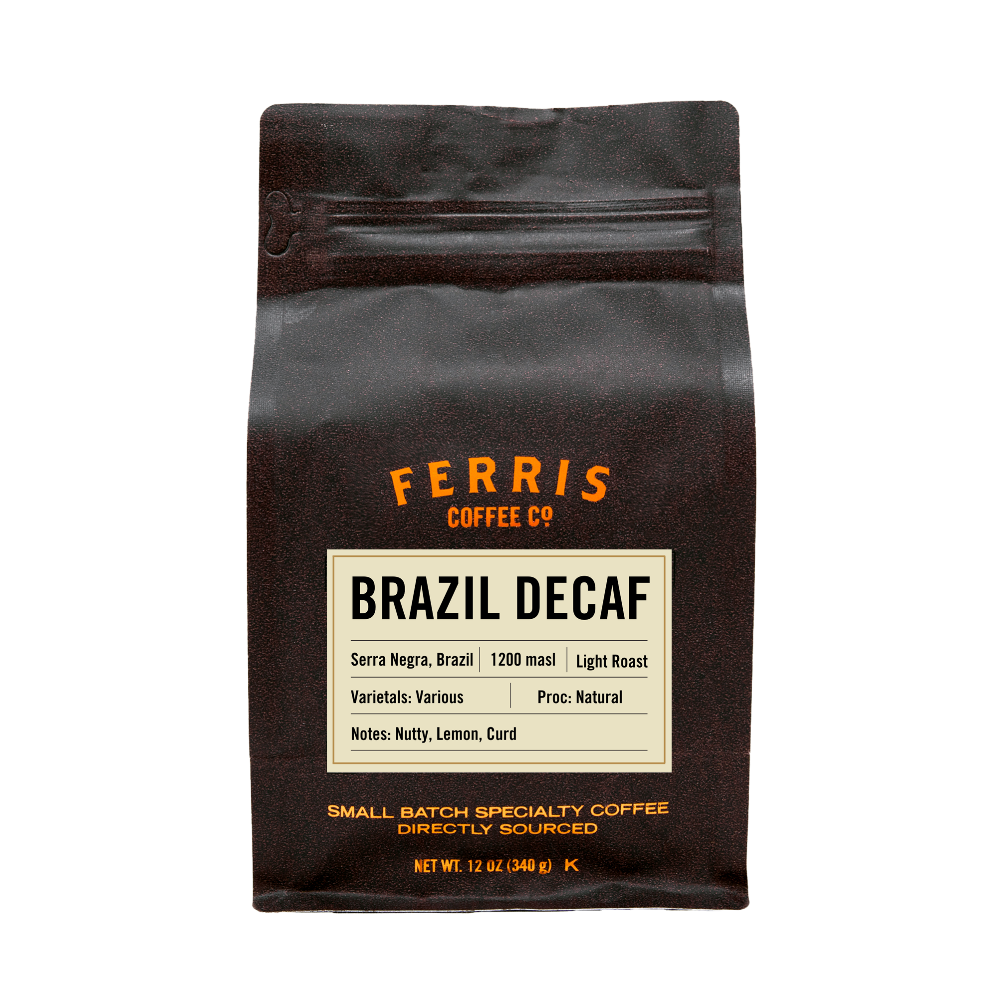 12 ounce resealable bag of specialty decaf coffee from Brazil