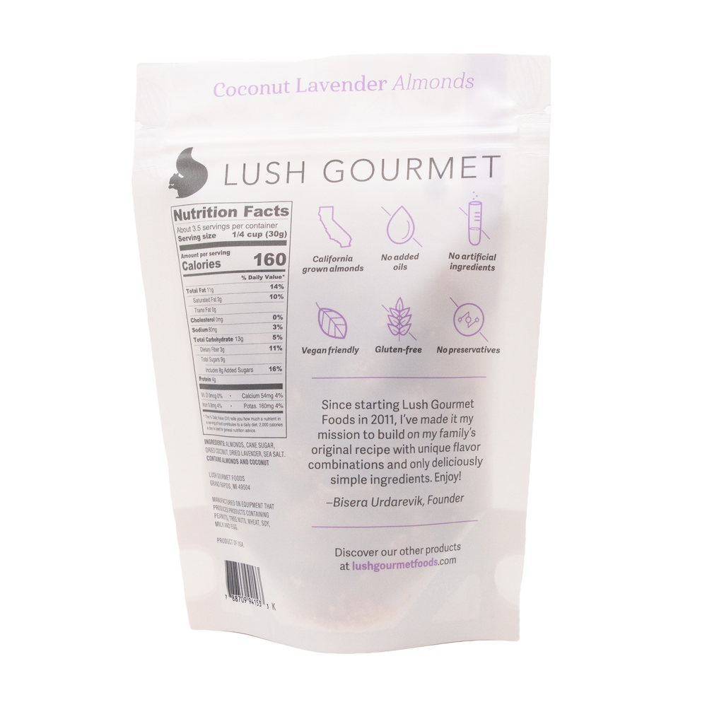 lush gourmet, 3.85-ounce coconut lavendar almonds back packaging