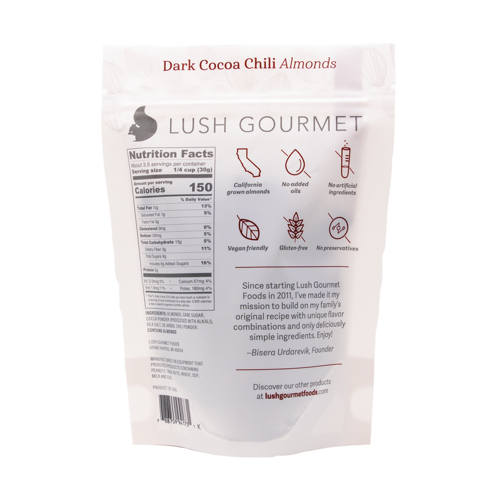 lush gourmet, 3.85-ounce dark cocoa chili almonds back packaging