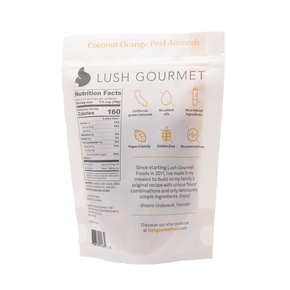 lush gourmet, 3.85-ounce coconut orange oeel almonds back packaging