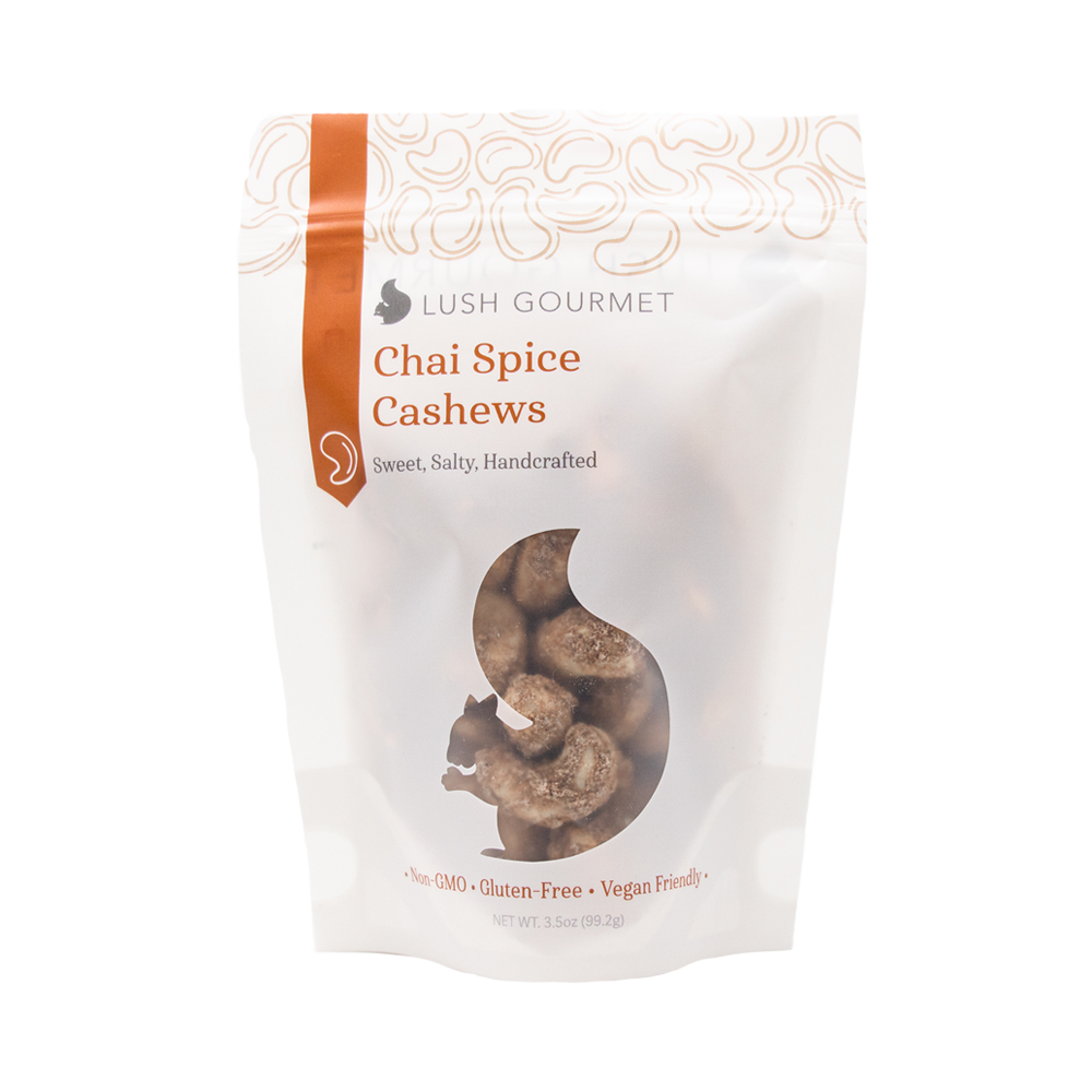 3.5 ounces of Chai Spice Cashews in resealable pouch
