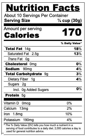 Nutrition panel for roasted salted cashews