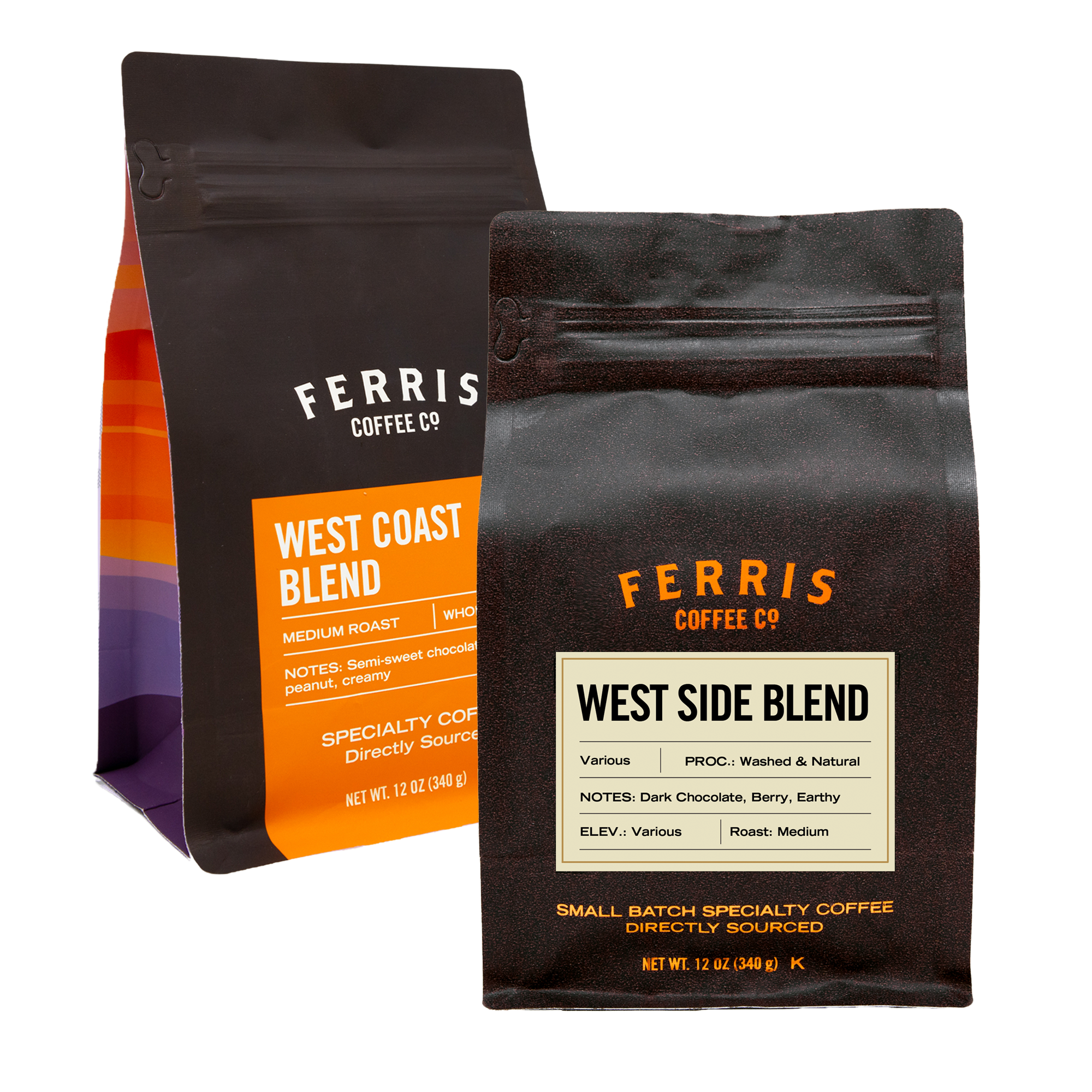 Two bags of medium roast specialty coffee. West Coast Blend and West Side Blend.