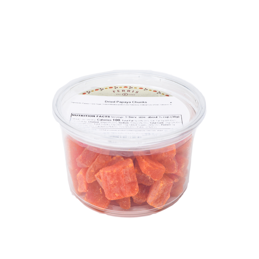 ferris fruit, 10-ounce deli cup, dried papaya chunks with label