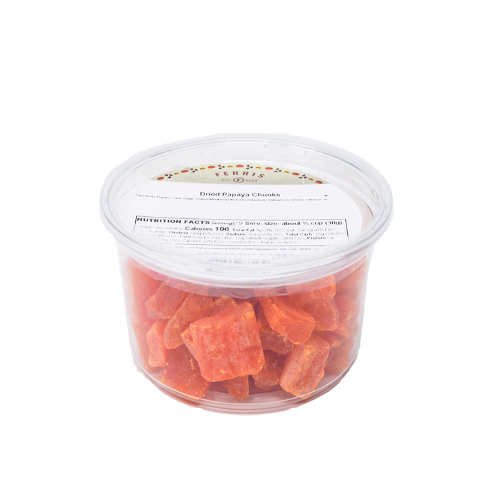 ferris fruit, 10-ounce deli cup, dried papaya chunks with label