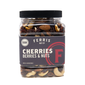 16 ounce resealable jar of Ferris Nut Co. raw cherries, berries and nuts mix