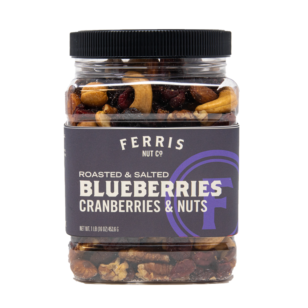 16 ounce resealable jar of roasted salted Blueberries, Cranberries & Nuts