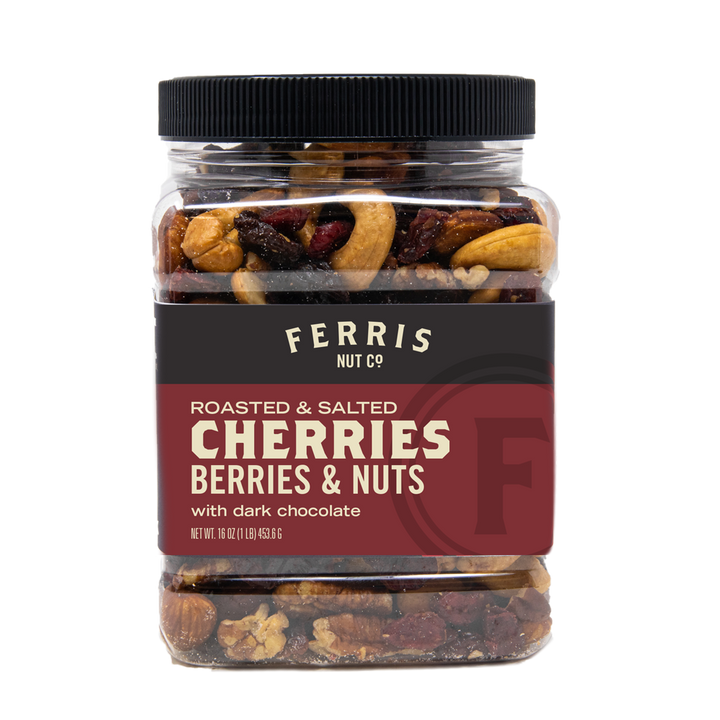 16 ounce resealable jar of cherries berries and nut mix with chunks of dark chocolate