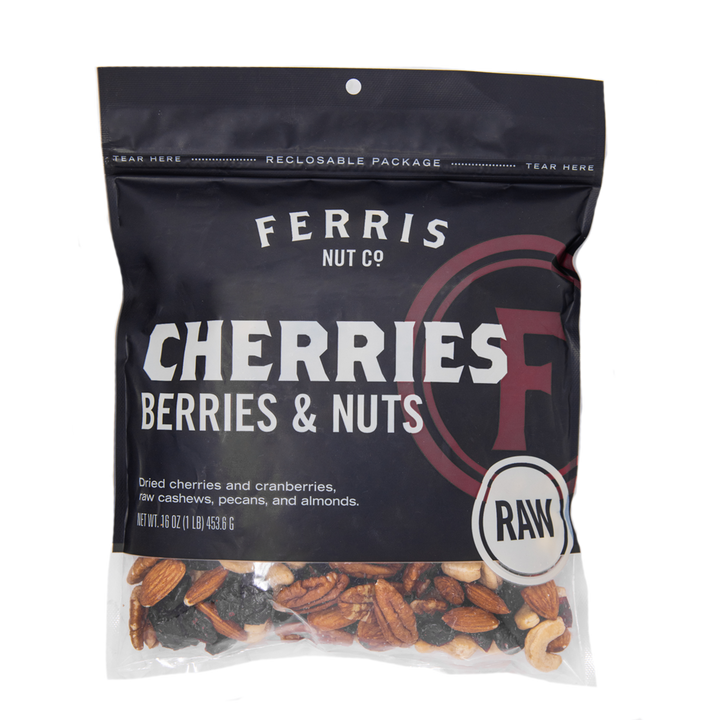 16 ounce resealable bag of Ferris Nut Co. raw cherries, berries and nuts mix