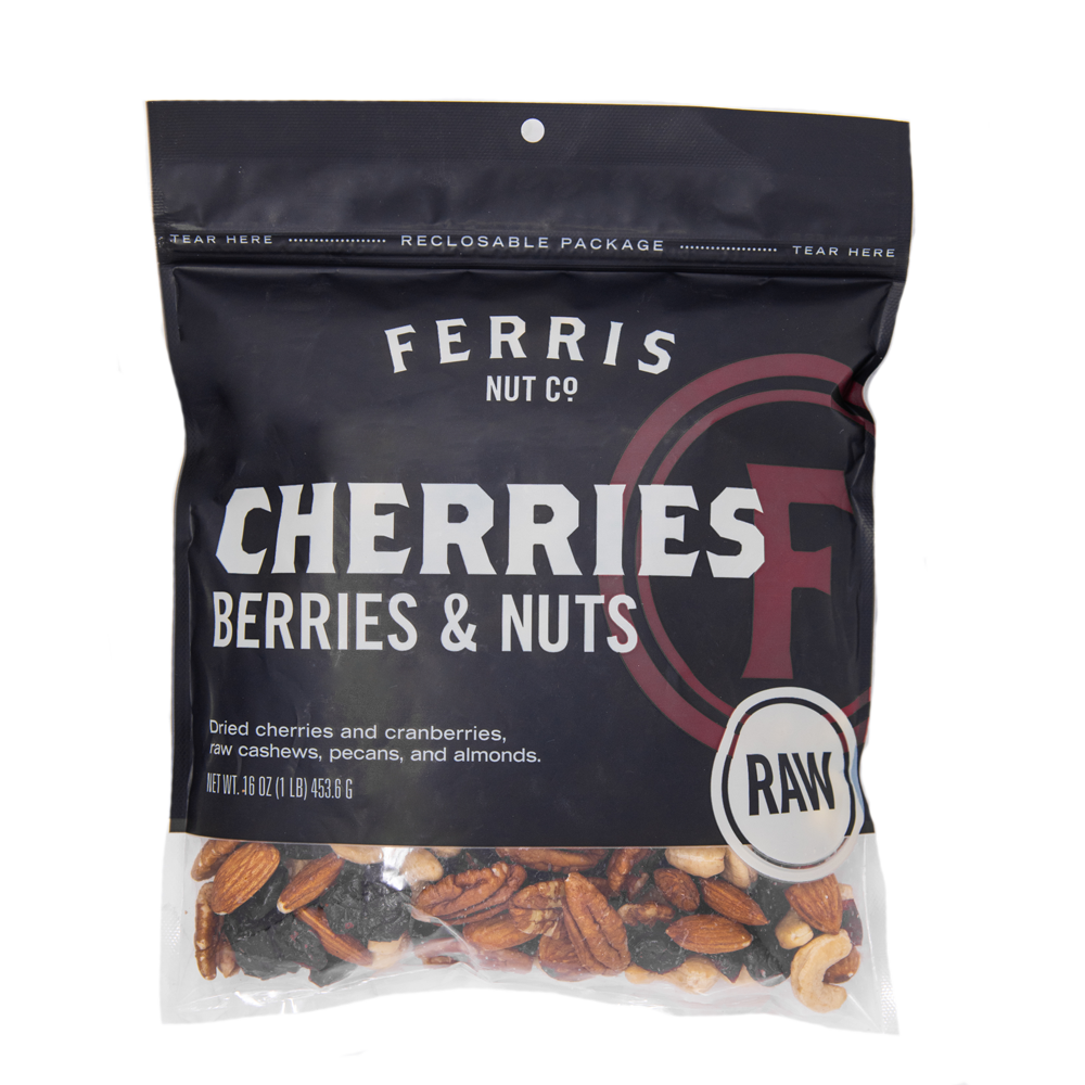 16 ounce resealable bag of Ferris Nut Co. raw cherries, berries and nuts mix