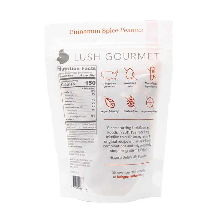 lush gourmet, 4.65-ounce, cinnamon spice peanuts back packaging